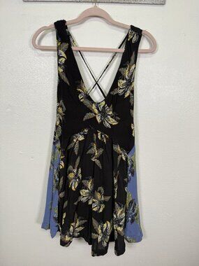 Free People Thought I Was Dreaming BlackFloral Mini Dress Boho strappy back M
